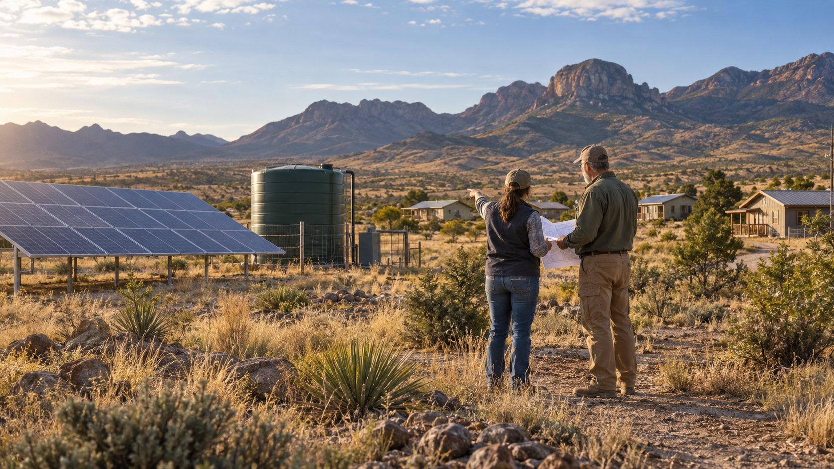Two Veterans reviewing plans for resilient Village infrastructure in Far West Texas.