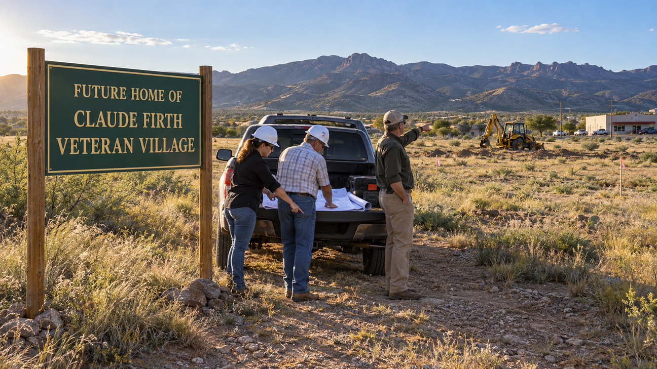 Veterans reviewing site plans beside a sign marking the future home of Claude Firth Veteran Village.