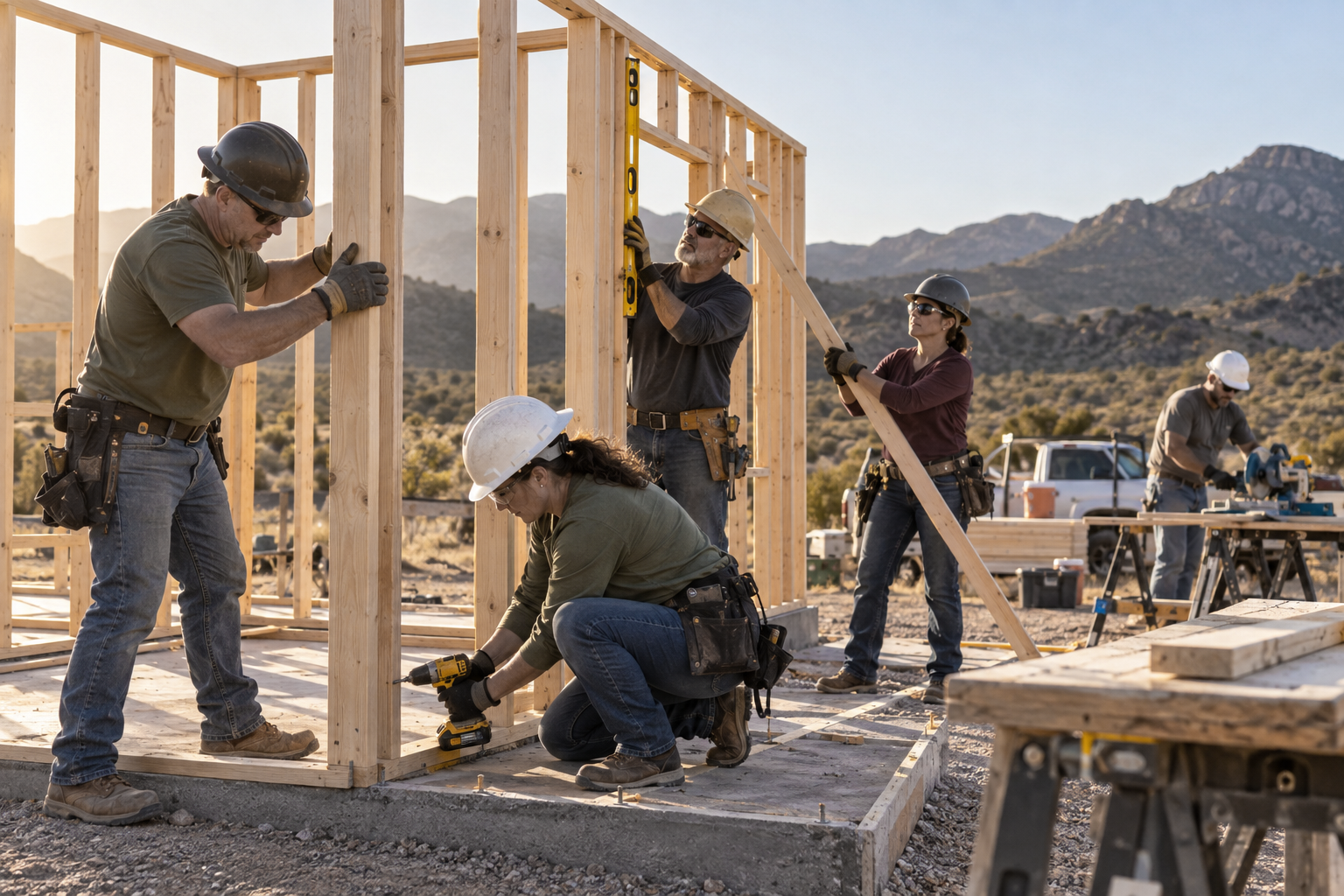 Male and female Veterans working together to frame a tiny-home residence at the Veteran Village.